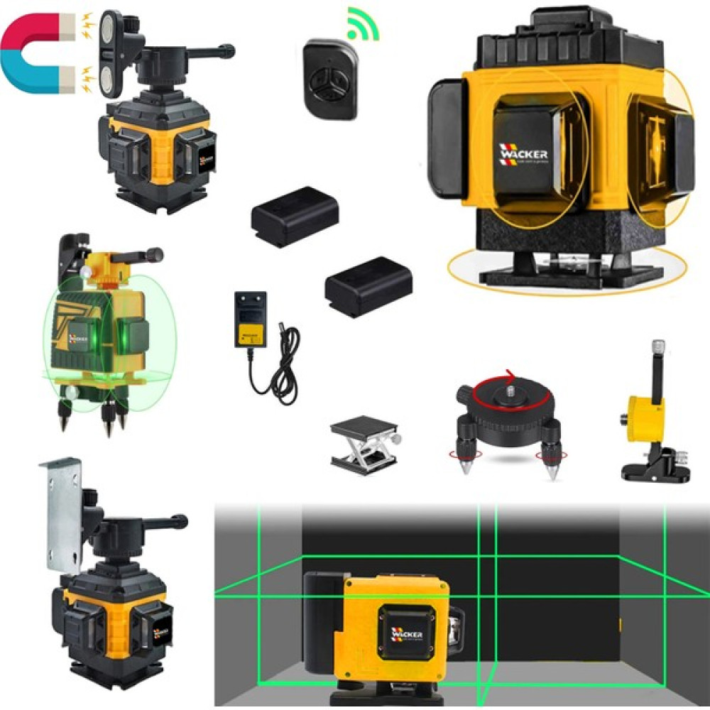 Wacker Pro Germany 12 Köşe Artı Lazer Terazi 360 Derece Mıknatıslı Kumandalı Yeşil Çizgi 40 mt Menzil Diğer Test ve Ölçüm Cihazları Fiyatı