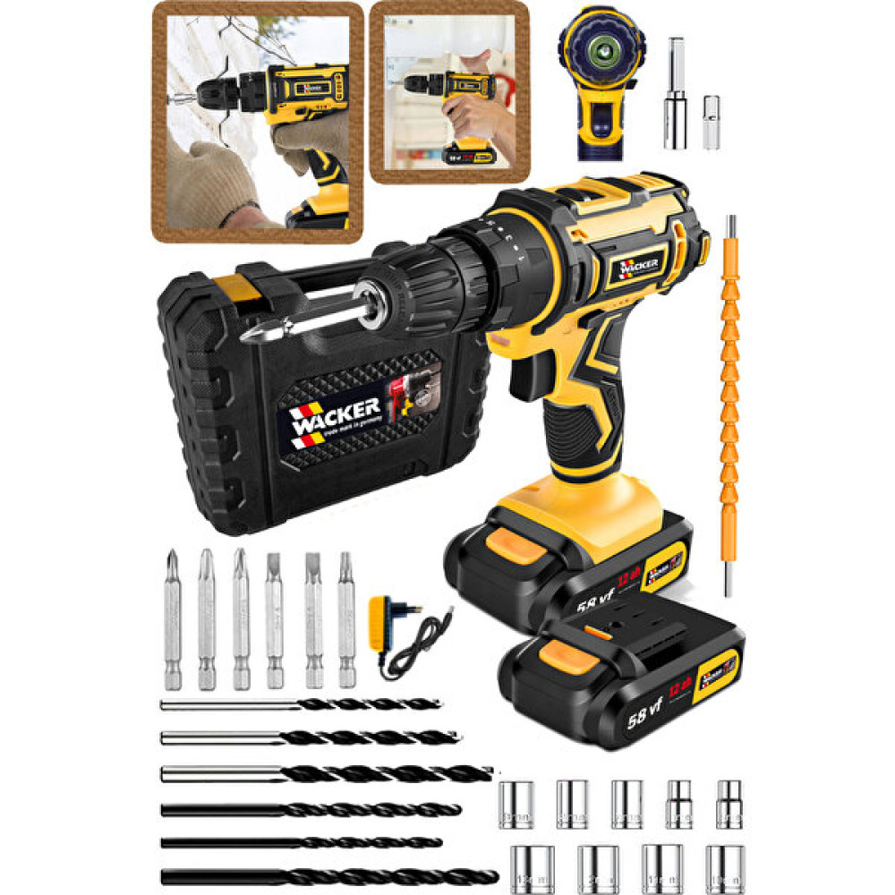 Wacker Pro Germany Dark 58 V 12 Ah Bakır Sargılı Çelik Şanzuman Çift Akülü Şarjlı Matkap Vidalama + Tamir Seti Elektrikli El Aletleri Fiyatı