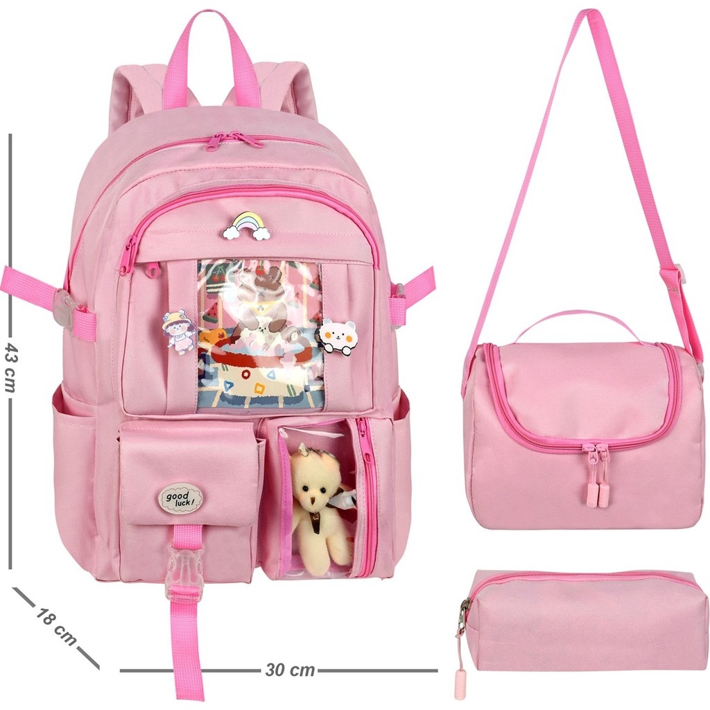 Waddell Kore Kawaii Tarzı Okul Sırt Çantası,günlük Sırt Çantası Termal Beslenme Çantası ve Kalemlik - Pembe - 43-18-30 Kalem & Yazı Gereçleri Fiyatı