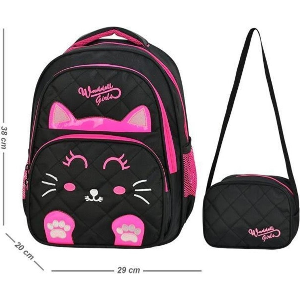 Waddell Okul ve Beslenme Çantası Seti 2 Parça Siyah Pembe Kedi Desenli 38x29x20 cm Dayanıklı Okul Çantası Fiyatı