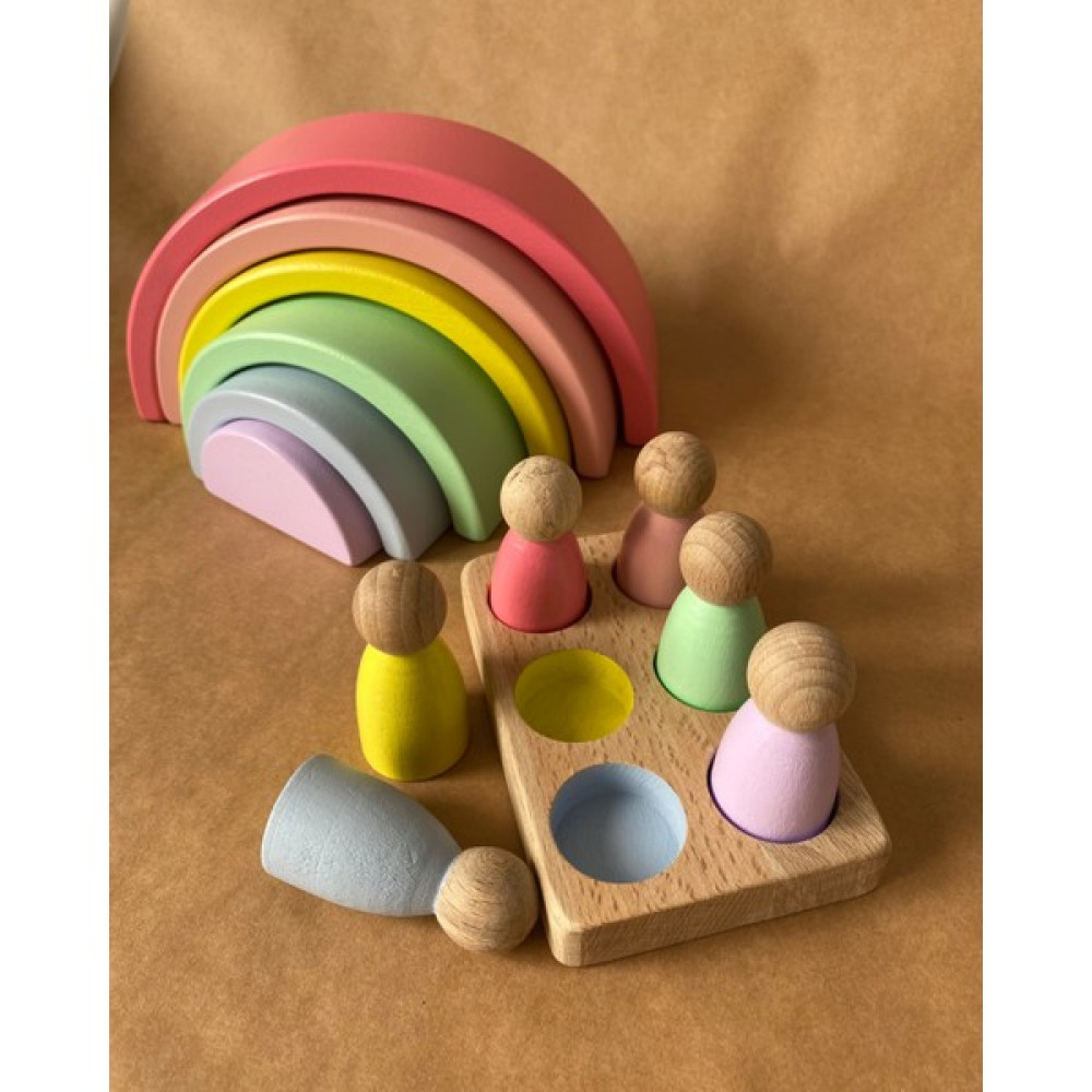 Waldorf 6 Parçalı Gökkuşağı, 6 Lı Peg Bebek Tabla Seti Pastel Renk Eşleştirme - Pembe Bebek Oyuncakları Fiyatı