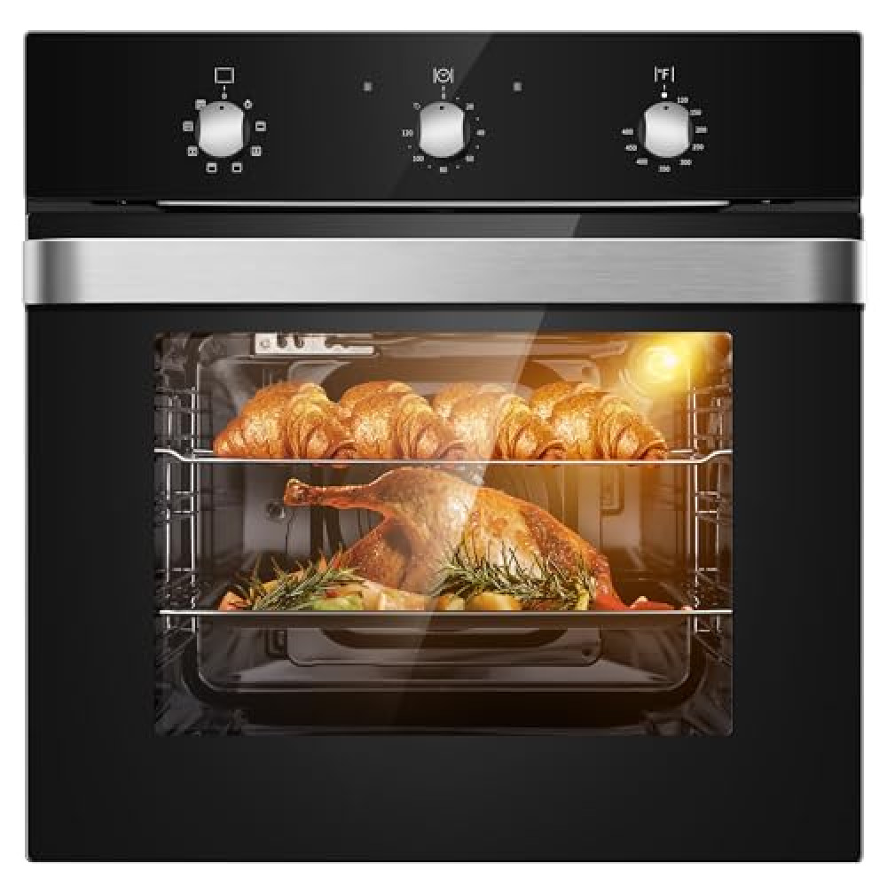 Wall Ovens 24 inch Electric,Built-in Single Wall Ovens, Convection Wall Oven with Rotisserie, 8 Cooking Functions,2900W,240V,2.15Cu.f Mechanical Knobs Control, Black Tempered Glass Finish