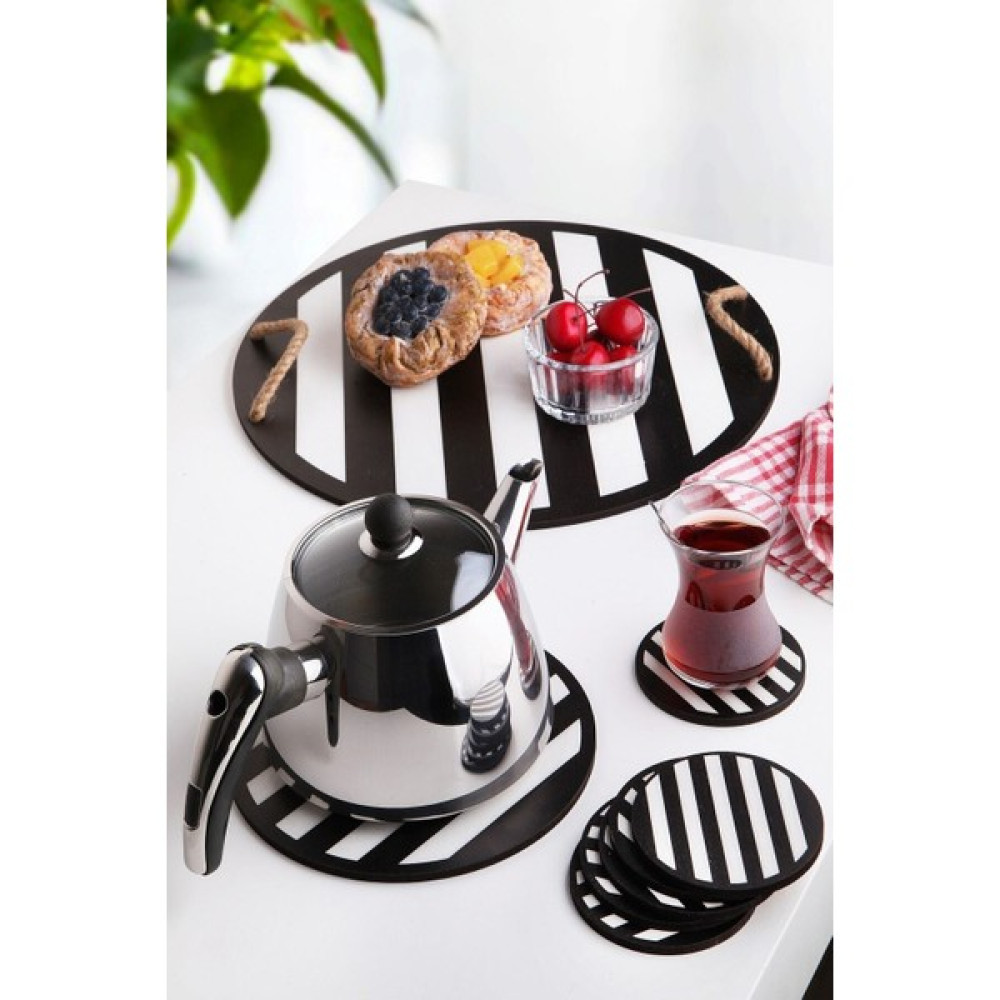 Walldeco Siyah & Beyaz Çizgili Supla & Örme Saplı Ahşap Tepsi & 6'lı Bardak Altlığı Seti - 38 x 38 cm - Siyah - Beyaz Amerikan Servis Fiyatı