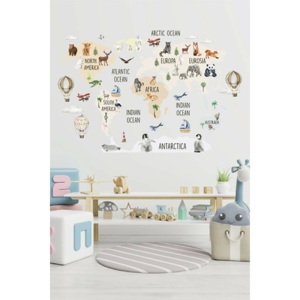 Wallhuman Safari Dünya Haritası Duvar Stickerı - 50 x 100 cm - Renkli Duvar Stickerı Fiyatı