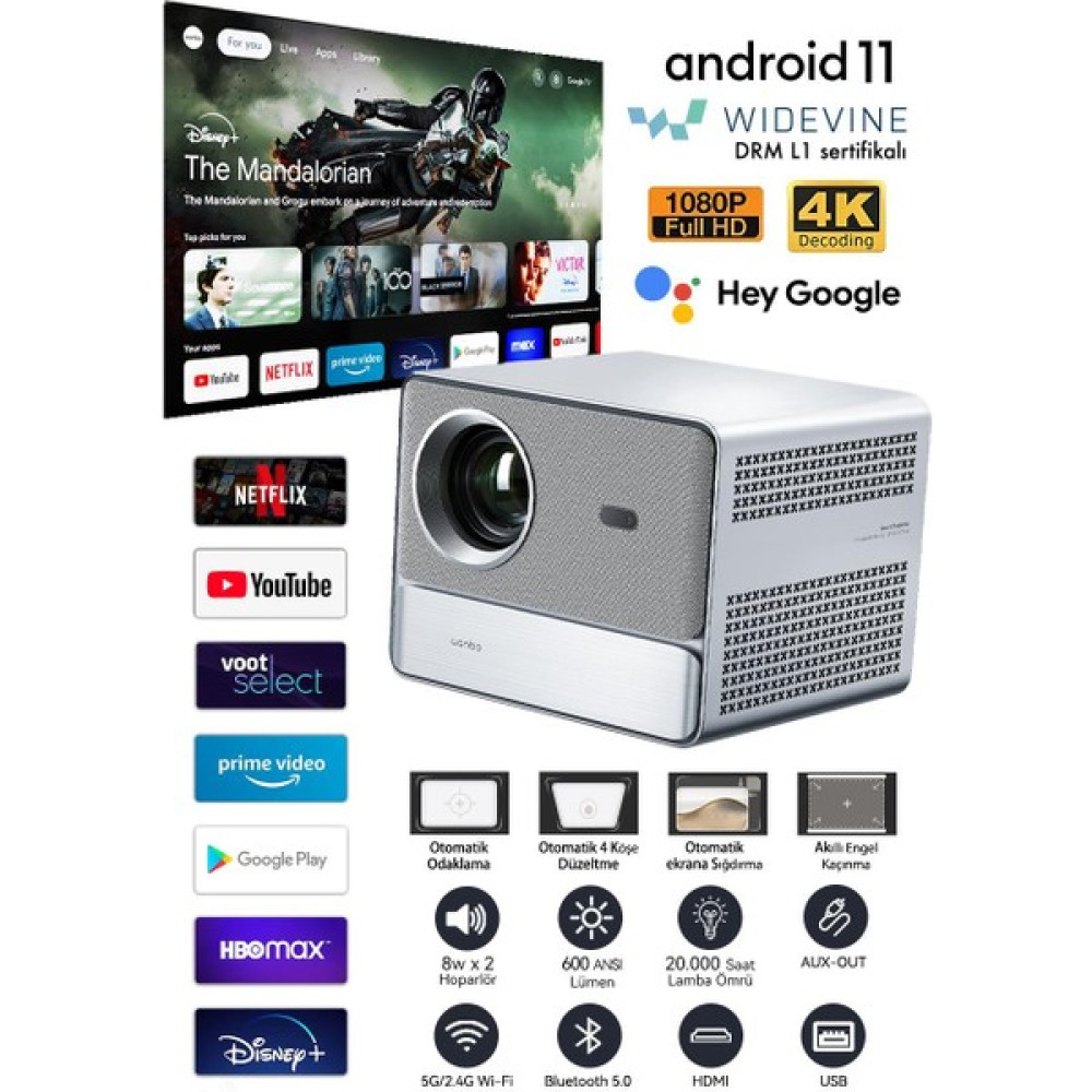 Wanbo Davinci 1 Pro Projeksiyon Cihazı Google Tv l1 lisanslı - Gümüş Projeksiyon Fiyatı