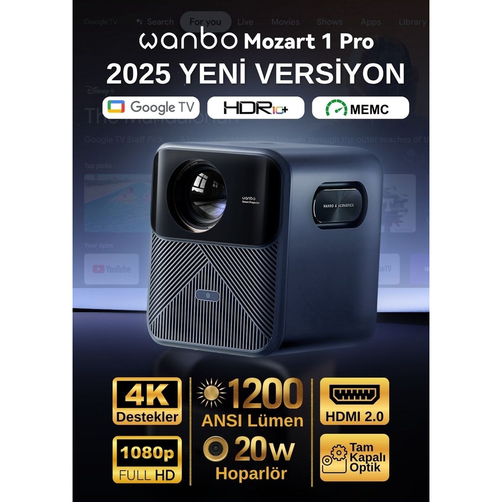 Wanbo Mozart 1 Pro Akıllı Projeksiyon Cihazı – 1200 ANSI, Google TV, HDR, MEMC, Lisanslı | 2025 Yeni Versiyon - Mavi Projeksiyon Fiyatı