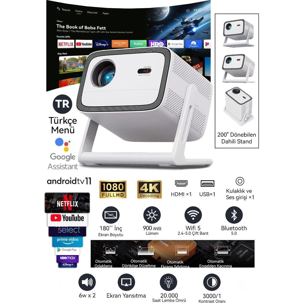Wanbo Vali 1 Projeksiyon cihazı | 900 Ansı Lümen, Android Tv, Dahili Stand - Beyaz Projeksiyon Fiyatı