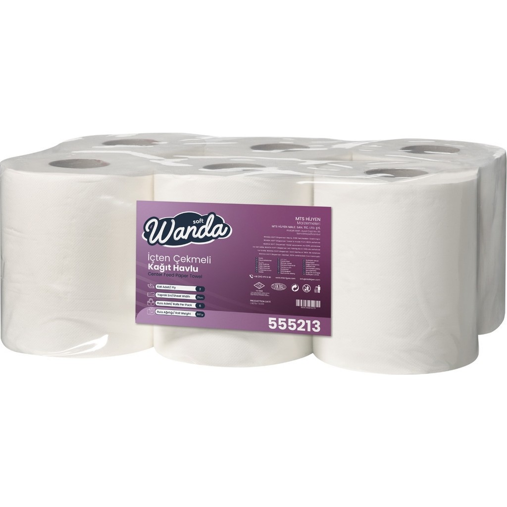 Wanda Içten Çekmeli Kağıt Havlu 6'lı 2,5 kg - 2 Katlı, 21CM Yaprak Eni - 23GR Dolgu - Beyaz El / Yüz Havlusu Fiyatı