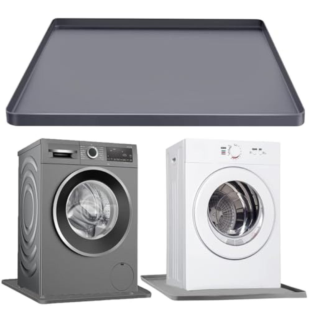 Washing Machine Pan Washer Drain Pan Silicone Mat, 23.6x23.6in Large Washer Tray Soft Bottom Pad Under Dryer Drip Pan Floor Protector, Non-Slip Leak Pan Anti-Vibration Waterproof Washer Drip Tray