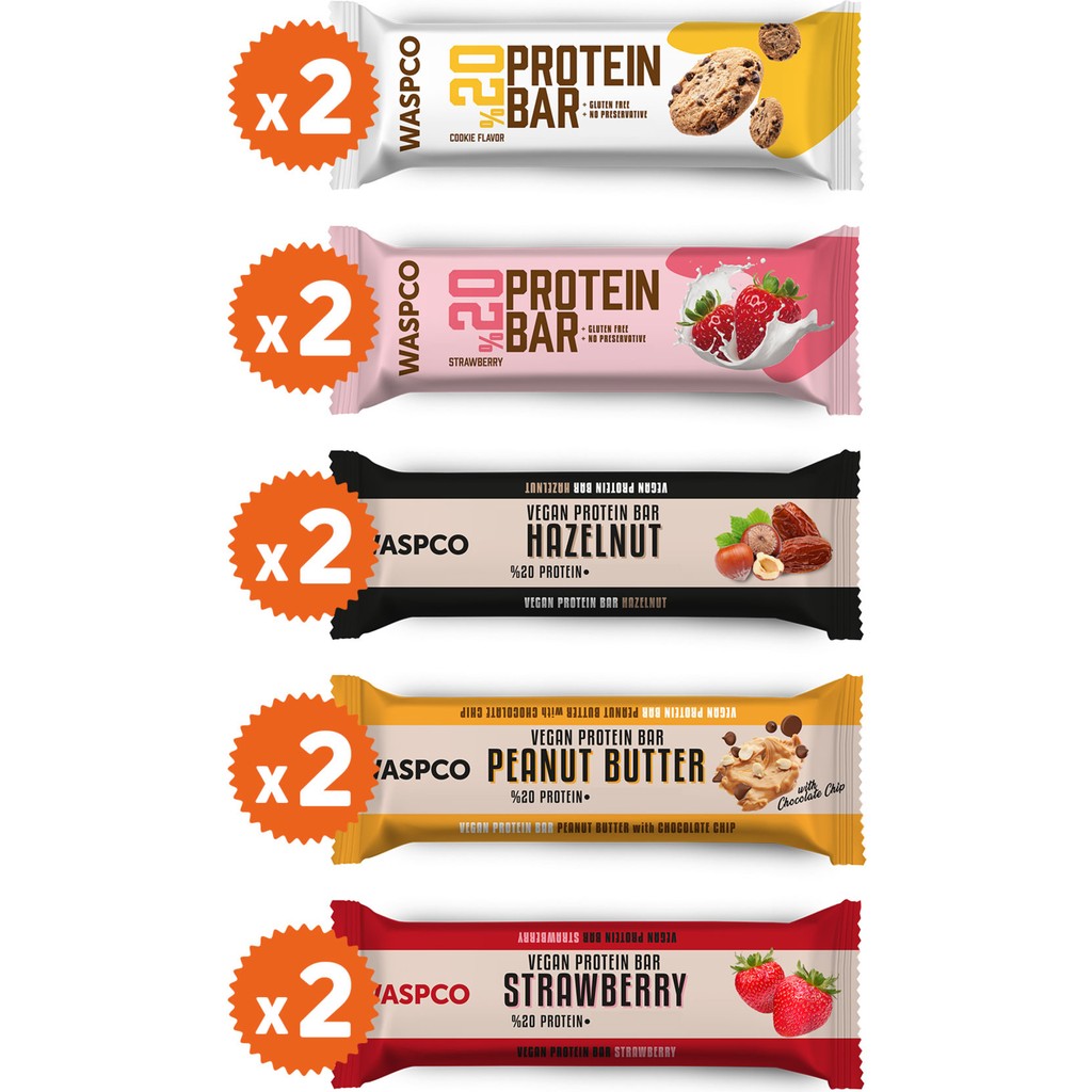 WaspCo Protein Bar Karma Kutu 40g x 10 Adet (5 Çeşit) Glutensiz Yüksek Lif Kaynağı Diğer Fiyatı