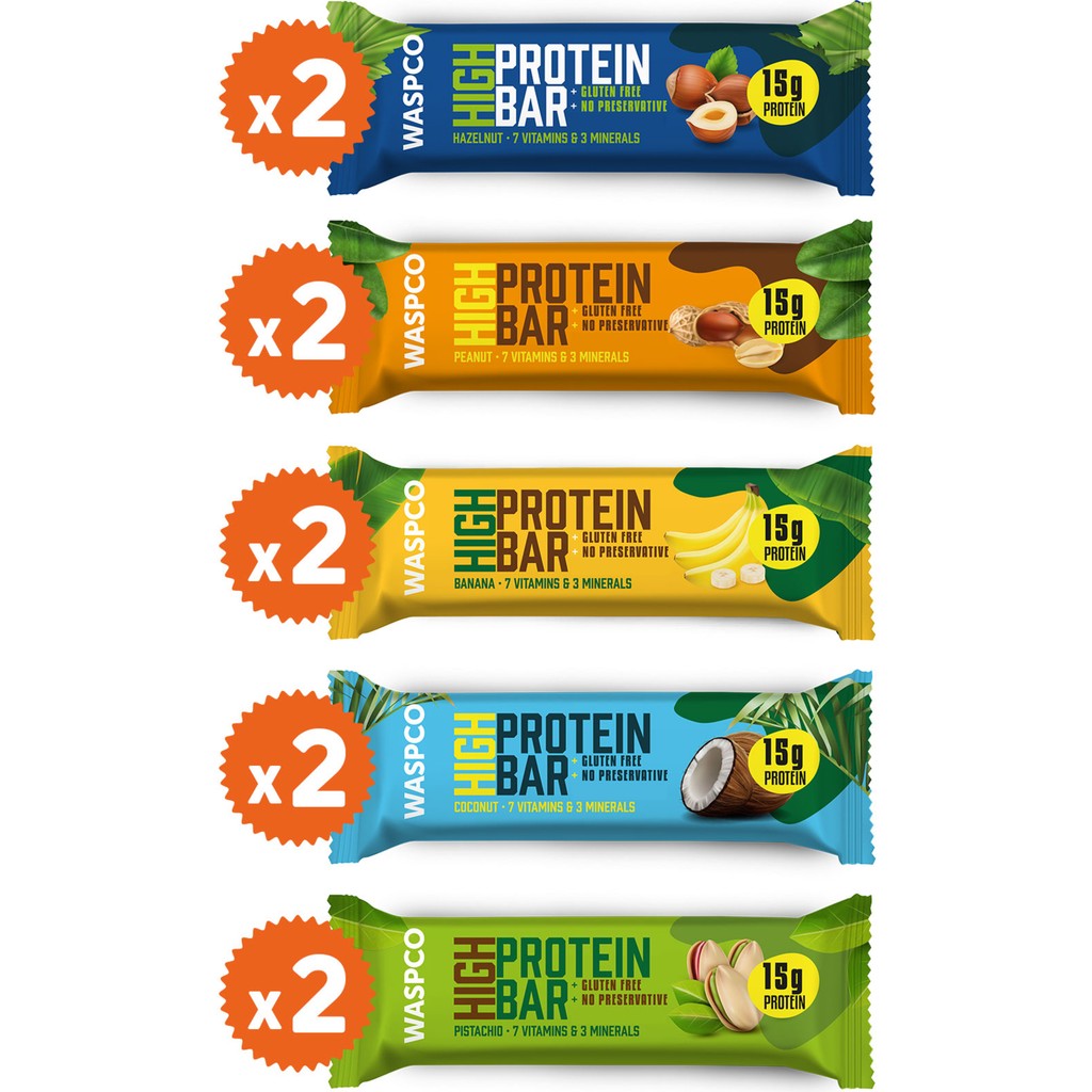 WASPCO Yüksek Protein Bar 50g 10 Adet Karma Kutu 5 Çeşit Yüksek Protein İçeren Sağlıklı Atıştırmalık Diğer Fiyatı