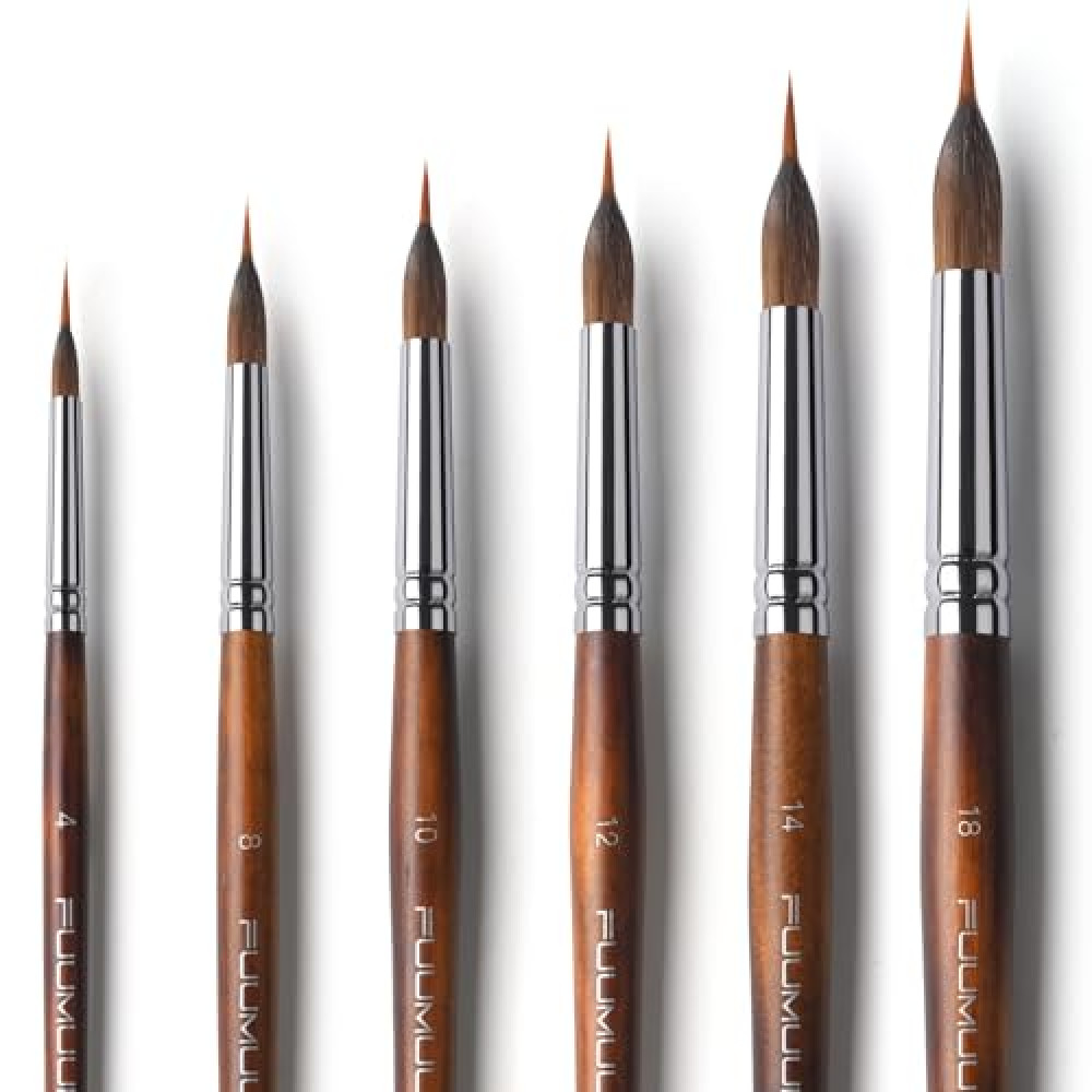 Watercolor Brushes Professional, Fuumuui 6Pcs Extended Needle Point Brushes Synthetic Extra Long Pinhead Brushes with Kolinsky Sable Body for Fine Detailing - Watercolor Acrylic Gouache Inks Painting