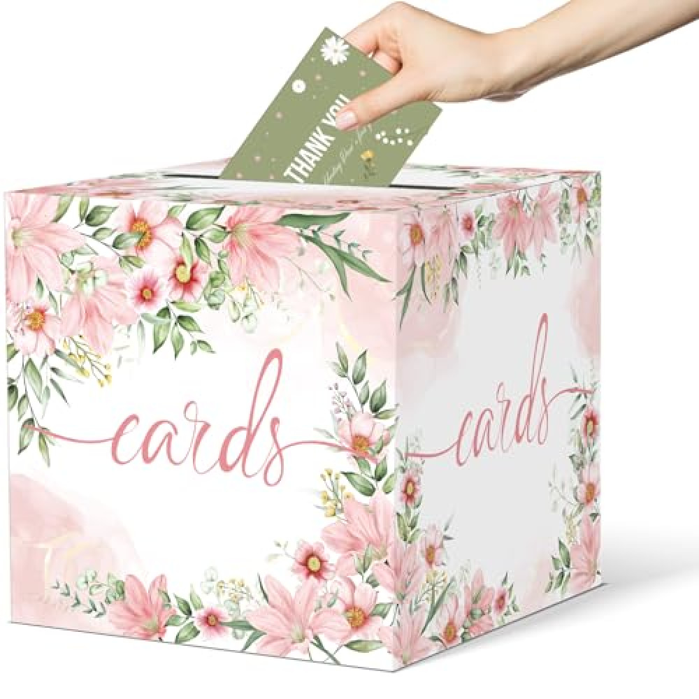 Watercolor Pink Floral Card Box Wedding Card Box Holder Gift Cards Receiving Box for Party Graduation Bridal or Baby Showers, Raffle Ticket Box Money Box for Birthday Party Retirements Anniversaries