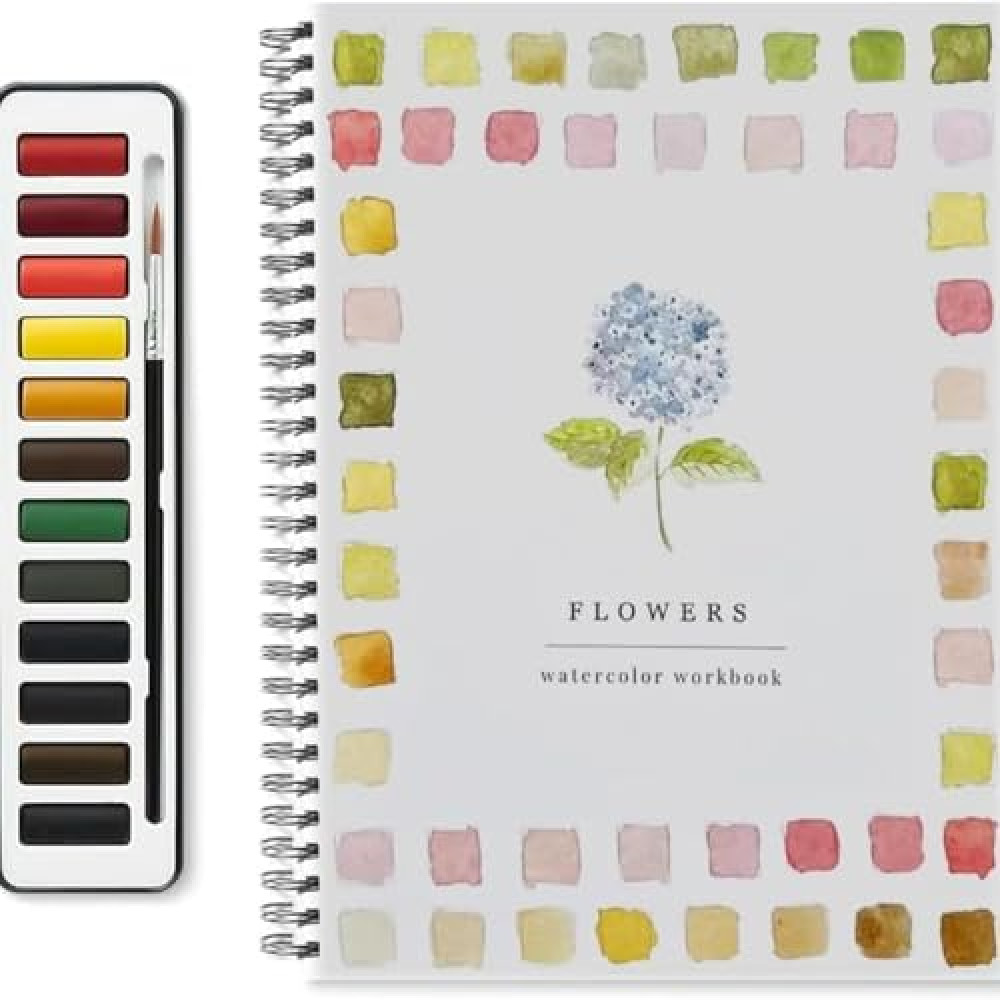 Watercolor Workbook,Beginner-Friendly W atercolor Workbook,12 Colors Watercolor Paint Set with Paint Brush,Art Crafts Painting Supplies,Beginner-Friendly Watercolor Painting Kit ((Flowers))