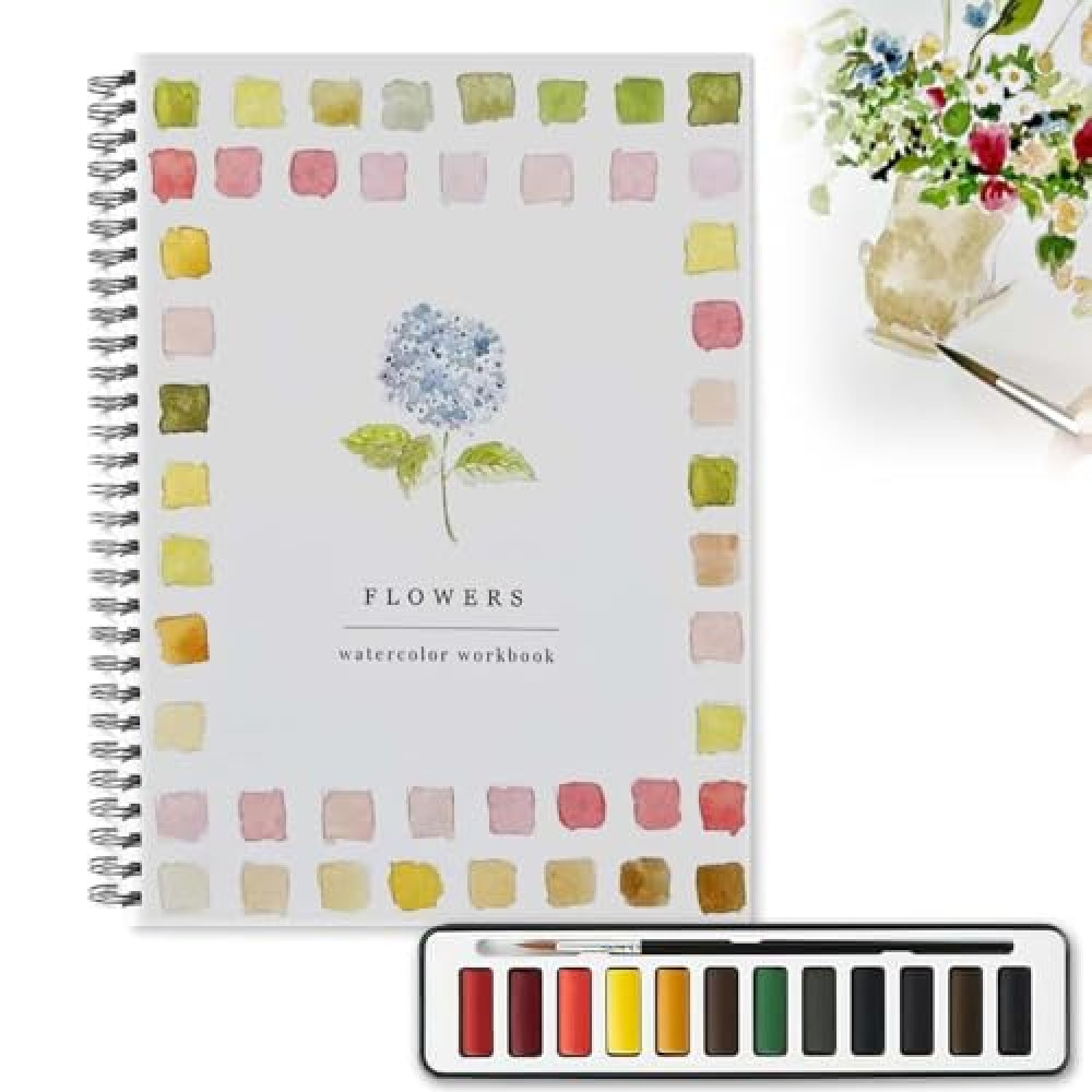 Watercolor Workbooks, Beginner-Friendly Animals Watercolor Workbooks, 12 Colors Watercolor Paint Set with Paint Brush, Beginner-Friendly Watercolor Painting Kit (Flowers)