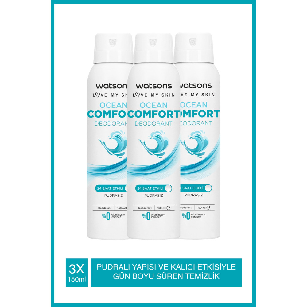 Watsons Ocean Comfort 24 Saat Etkili Pudrasız Deodorant Sprey 150 ml X3 Adet Deodorantlar Fiyatı