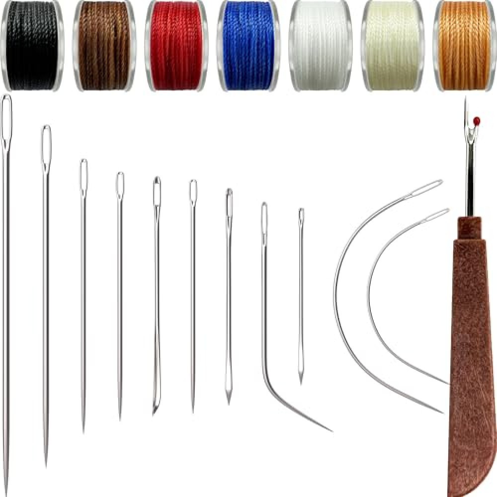 Waxed Sewing Thread (7 Colors) & Heavy Duty Needles (11 PCS) - Upholstery Repair Kit for Leather, Canvas, Quilting & More