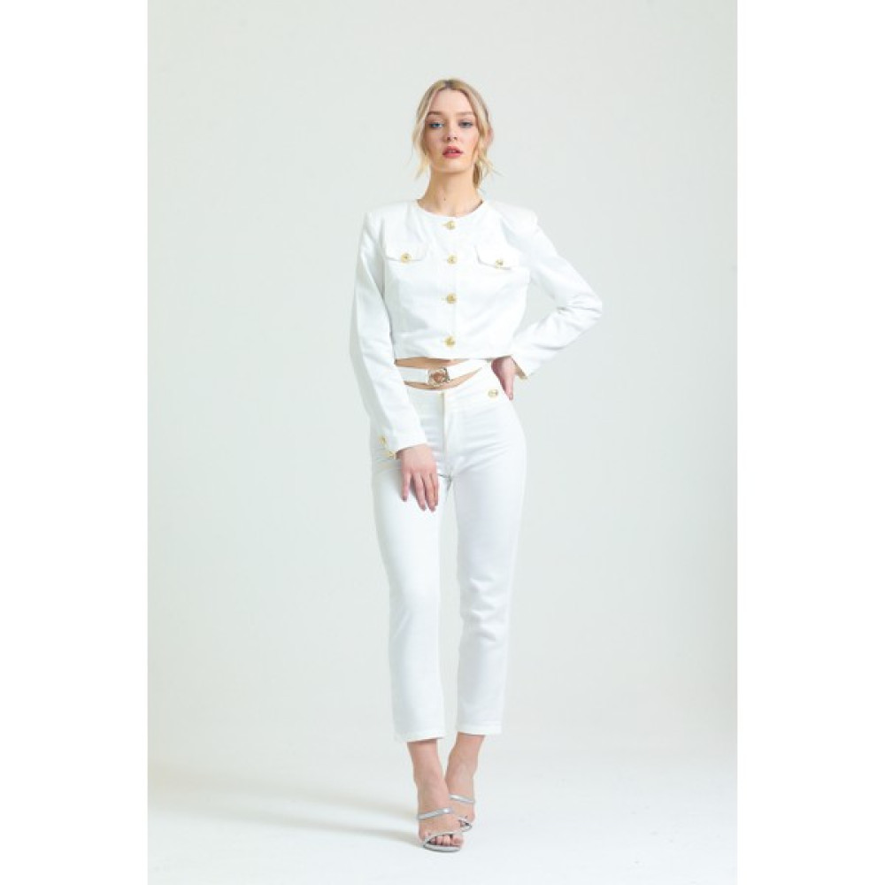 WAYNG Crop Blazer Ceket Yüksek Bel Boru Paça Kemerli Pantolon Kadın Takım Elbise Berceste Elbise Fiyatı