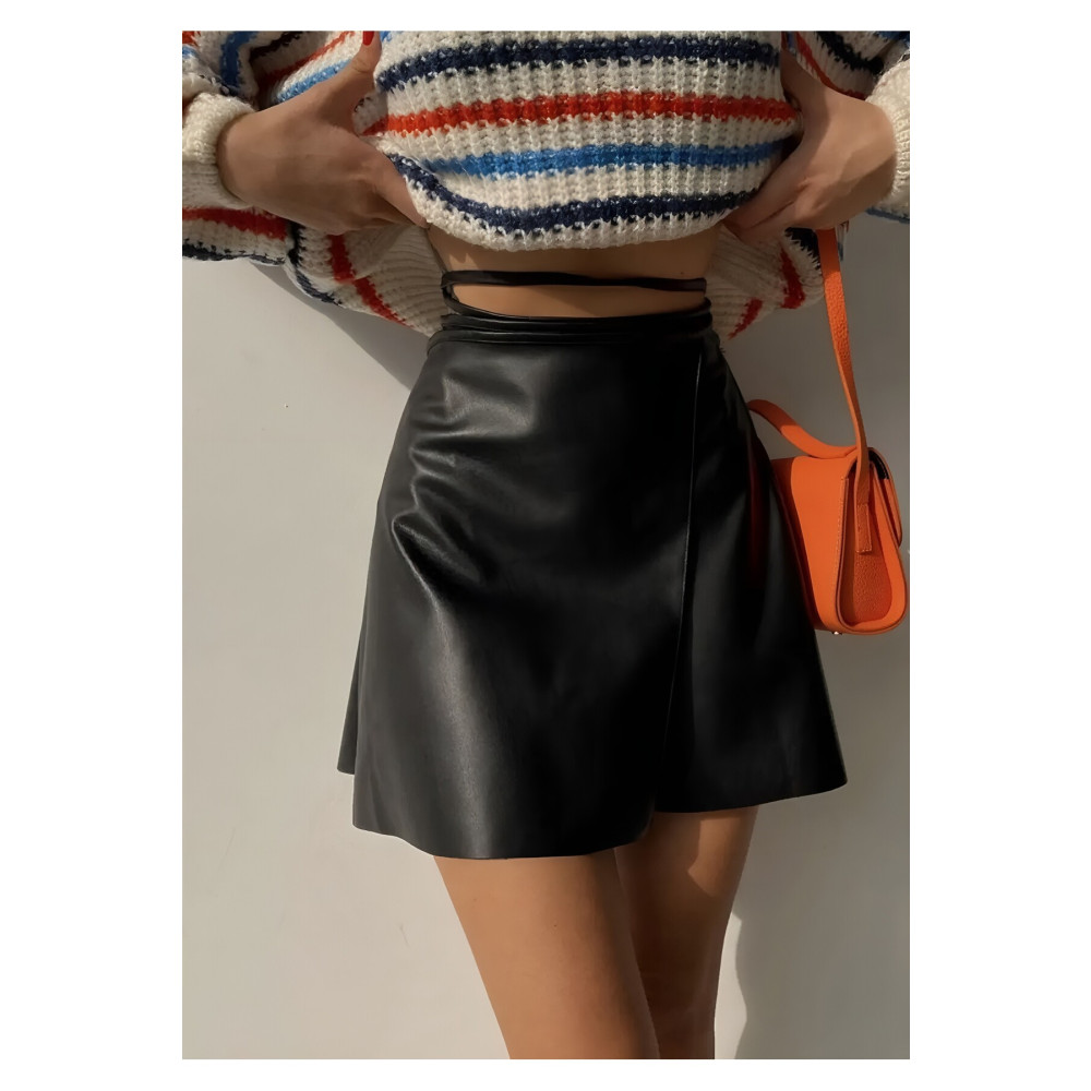 WAYS Kadın Siyah Kruvaze Belden Bağlamalı Suni Deri Mini Etek Faux Leather Son Bahar Kış Modeli 3XL Beden Etek Fiyatı