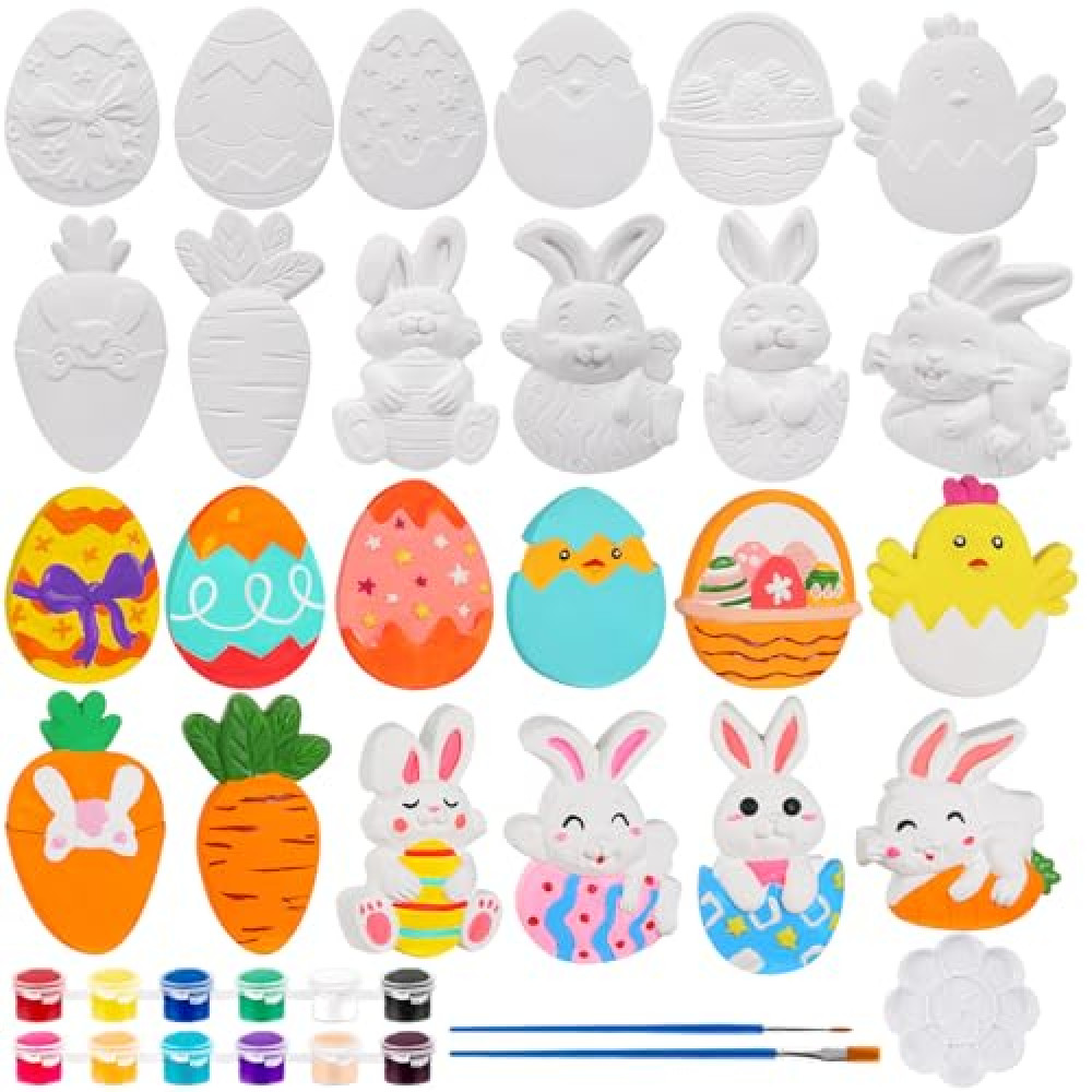 WDAHDHP DIY Easter Painting Kit, 12Pcs Ready to Paint Your Own Easter Figurines, Unpainted Crafts with Brush Palette Paint for Girls Boy Gifts Toys