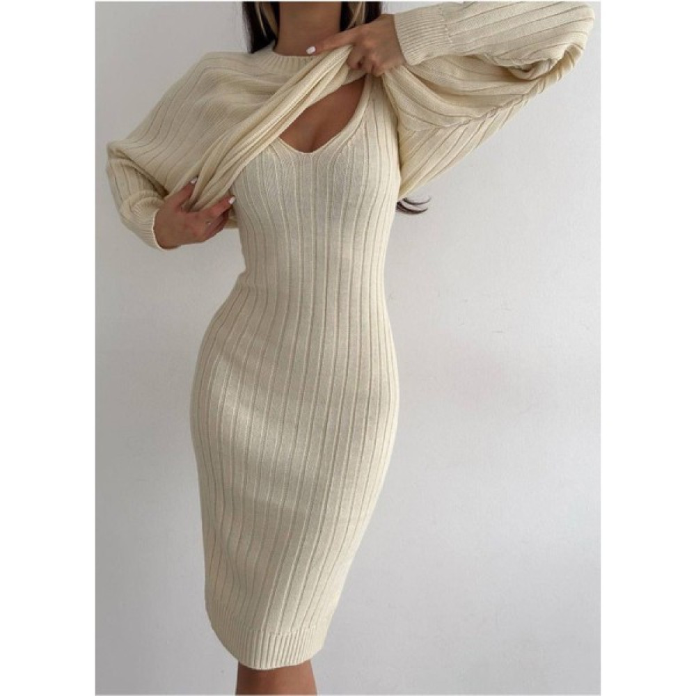 Wear And Wear Kadın Bej Kalın Kışlık Askılı Midi Triko Elbise ve Crop Kazak Ikili Takım Triko Alt Üst Takım Kadın Giyim Fiyatı