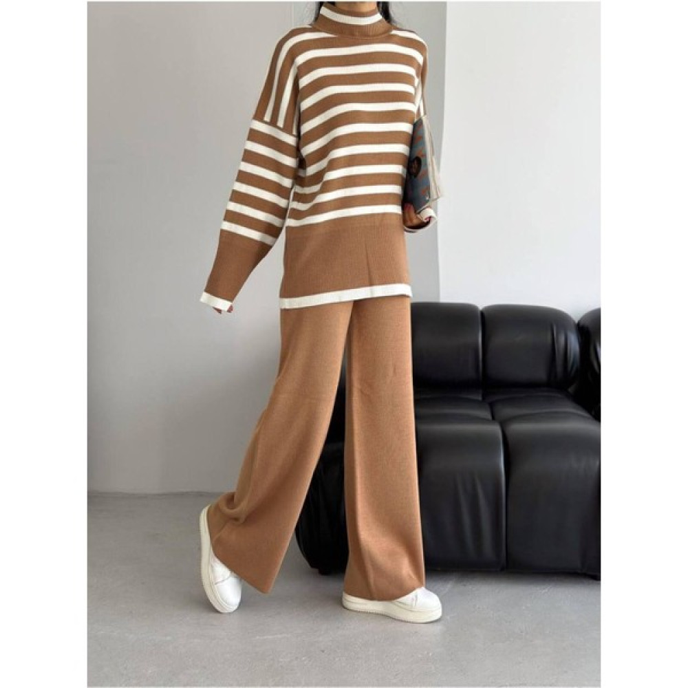 Wear And Wear Kadın Çizgili Kalın Kışlık Triko Boğazlı Kazak Palazzo Pantolon Alt Üst Takım Oversize Ikili Takım Kadın Giyim Fiyatı