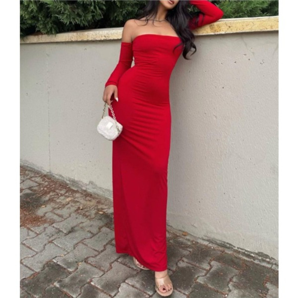 Wear And Wear Kadın Kırmızı Madonna Yaka Esnek Uzun Kollu Maxi Uzun Elbise Günlük Basic Uzun Elbise Elbise Fiyatı