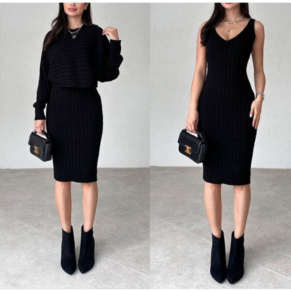 Wear And Wear Kadın Siyah Kalın Kışlık Askılı Midi Triko Elbise ve Crop Kazak Ikili Takım Triko Alt Üst Takım Kadın Giyim Fiyatı