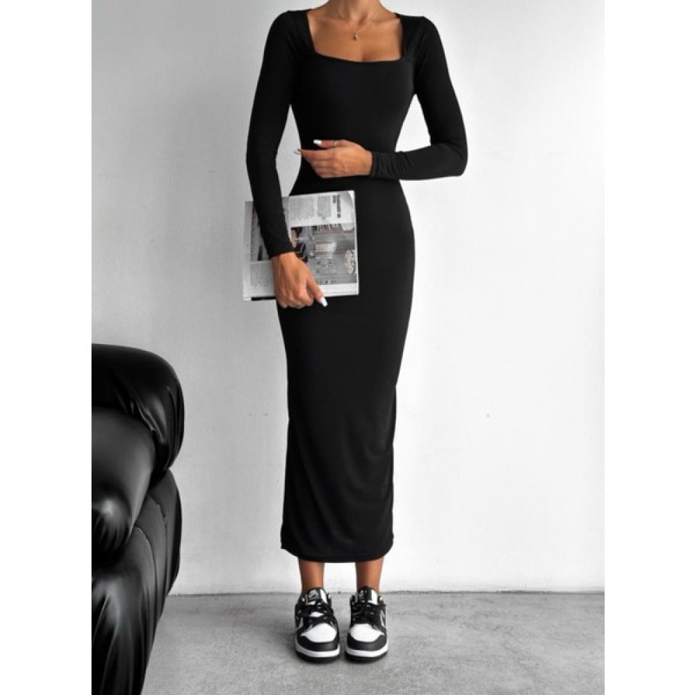 Wear And Wear Kadın Siyah Kare Yaka Esnek Uzun Kollu Maxi Uzun Elbise Günlük Basic Uzun Elbise Elbise Fiyatı
