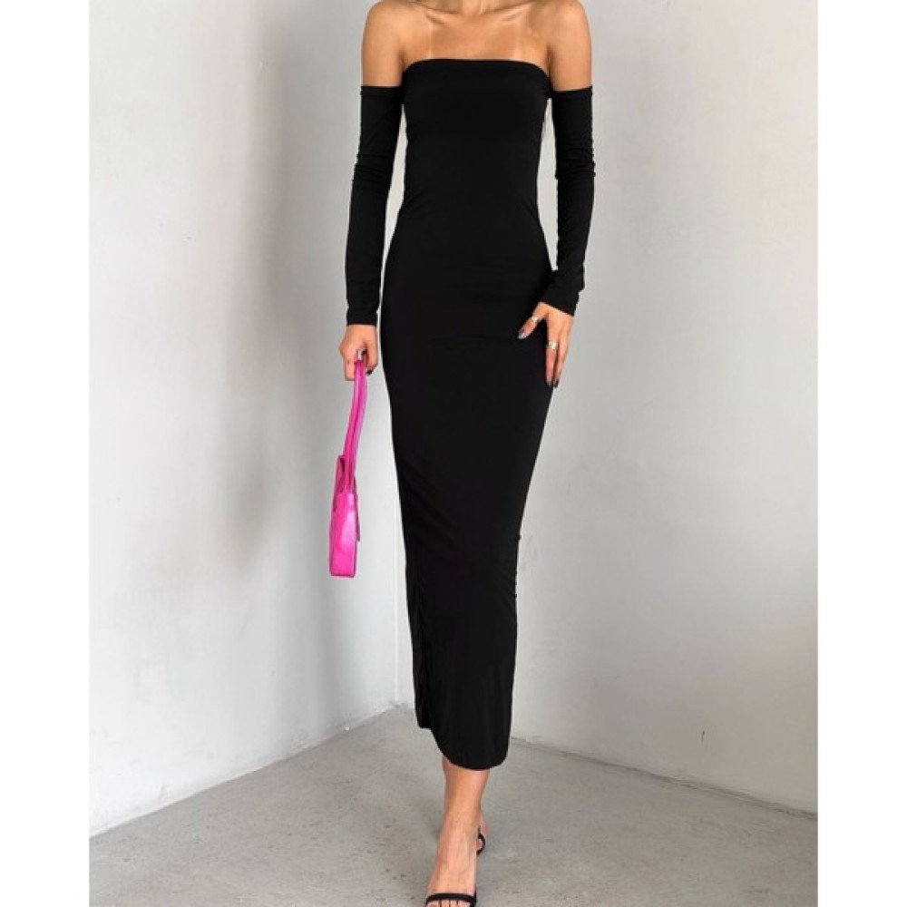 Wear And Wear Kadın Siyah Madonna Yaka Esnek Uzun Kollu Maxi Uzun Elbise Günlük Basic Uzun Elbise Elbise Fiyatı