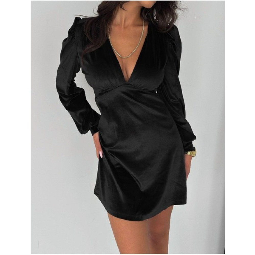 Wear And Wear Kadın Siyah V Yaka Prenses Kol Uzun Kollu Esnek Mini Kadife Elbise Şık Gece Elbisesi Elbise Fiyatı