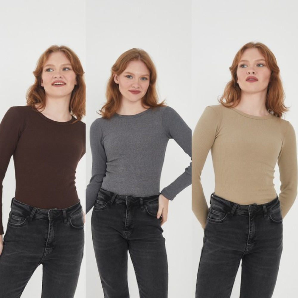Wearflawless Kadın 3'lü Bisiklet Yaka Uzun Kollu Fitilli Bluz Set Bluz Fiyatı
