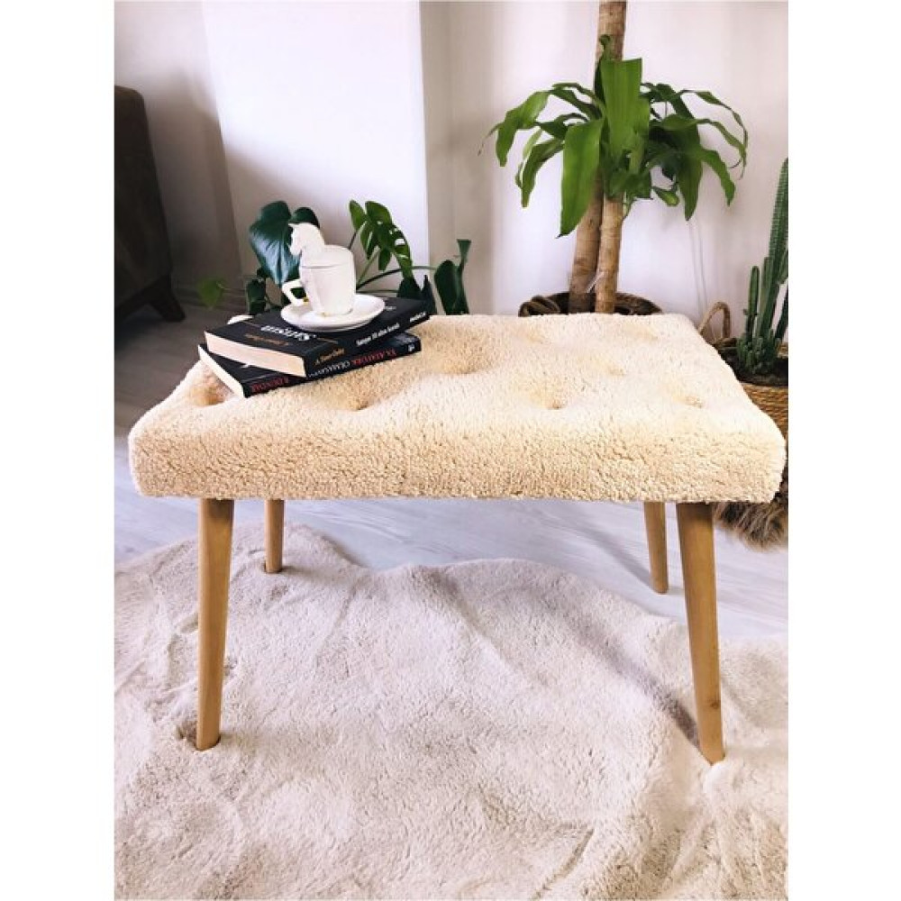 Web Panya Webpanya Gürgen Ahşap Ayak Krem Teddy Kumaş Pofidik Bench Puf Tabure - 60 x 35 cm Puf Fiyatı