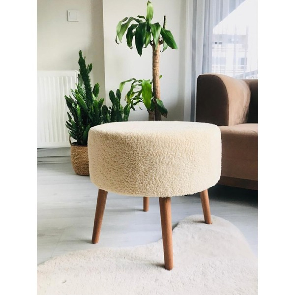 Web Panya Webpanya Gürgen Ahşap Ayak Xlarge Oturma Alanı Dekoratif Tedy Krem Kumaş Yuvarlak Pofidik Puf Bench - 45 x 45 Puf Fiyatı