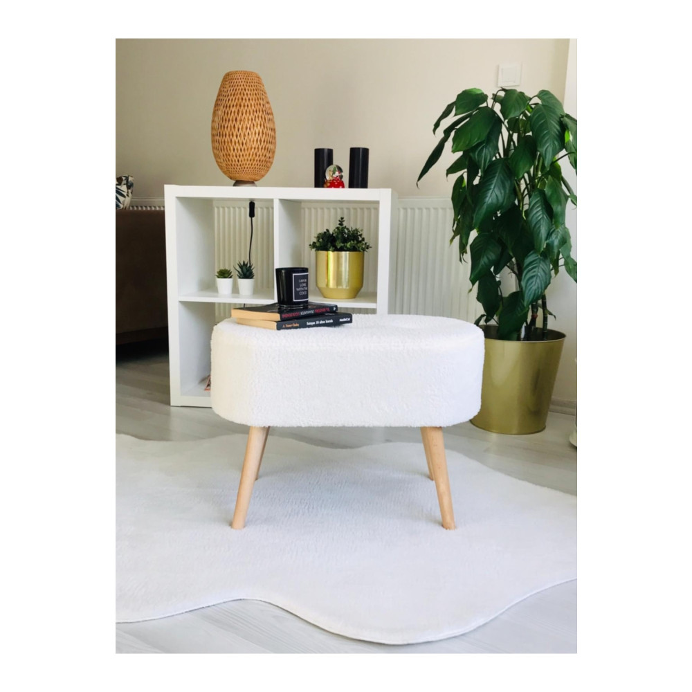 WEBPANYA Gürgen Ahşap Ayak Kırık Beyaz Pofidik Tedy Handmade Oval Puf Bench Sandalye Puf Fiyatı