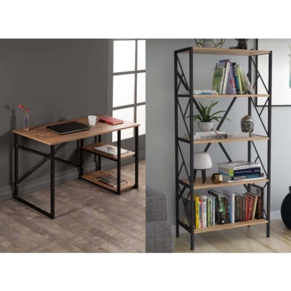 Webreyon Raflı Çalışma Masası ve 5 Raflı Kitaplık Kombini - Y: 72 cm D: 60 cm G: 120 cm - Ceviz Çalışma Masası Fiyatı