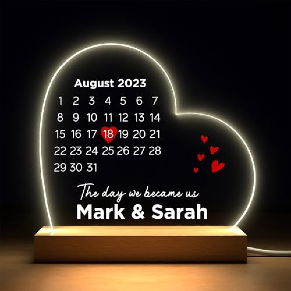 Wedding Anniversary Engagement Date Gifts For Him Or Her, Gifts for Girlfriend Boyfriend, Valentine's Day Gifts, Personalised LED Wooden Night Light for Wife Husband