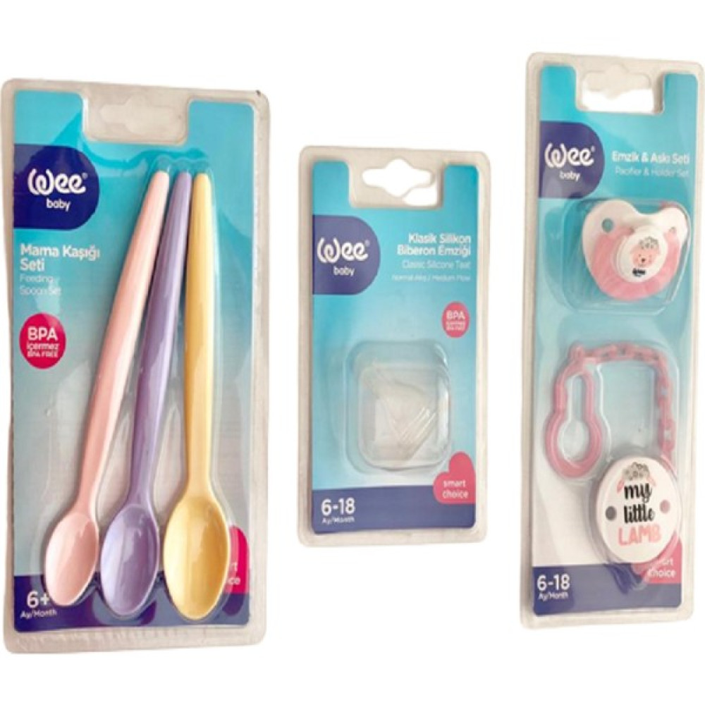 Wee Askılı Emzik Seti+Mama Kaşığı Seti+Biberon Emziği (Pembe Set) Biberon Emziği Fiyatı