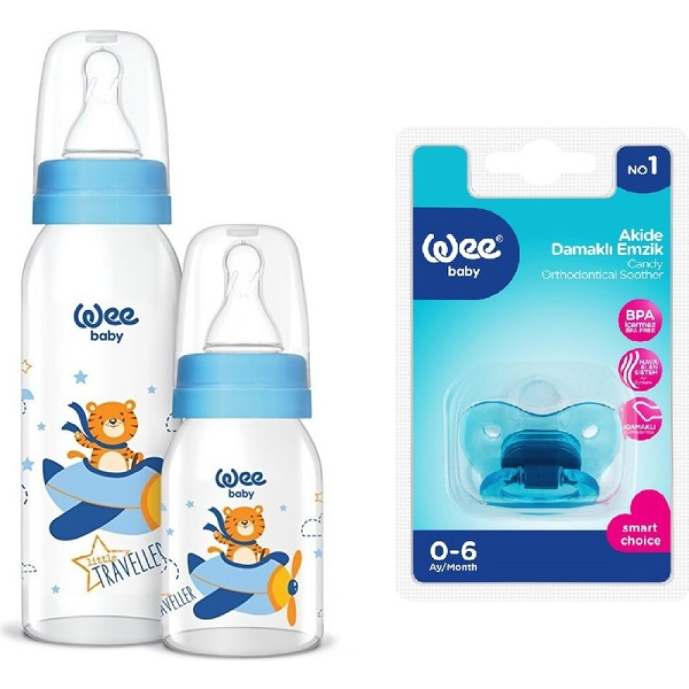 Wee Baby Desenli Cam Biberon + Emzik Seti - 125 ml - Mavi Biberon Fiyatı