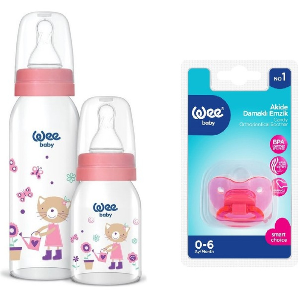 Wee Baby Desenli Cam Biberon + Emzik Seti - 125 ml - Pembe Biberon Fiyatı