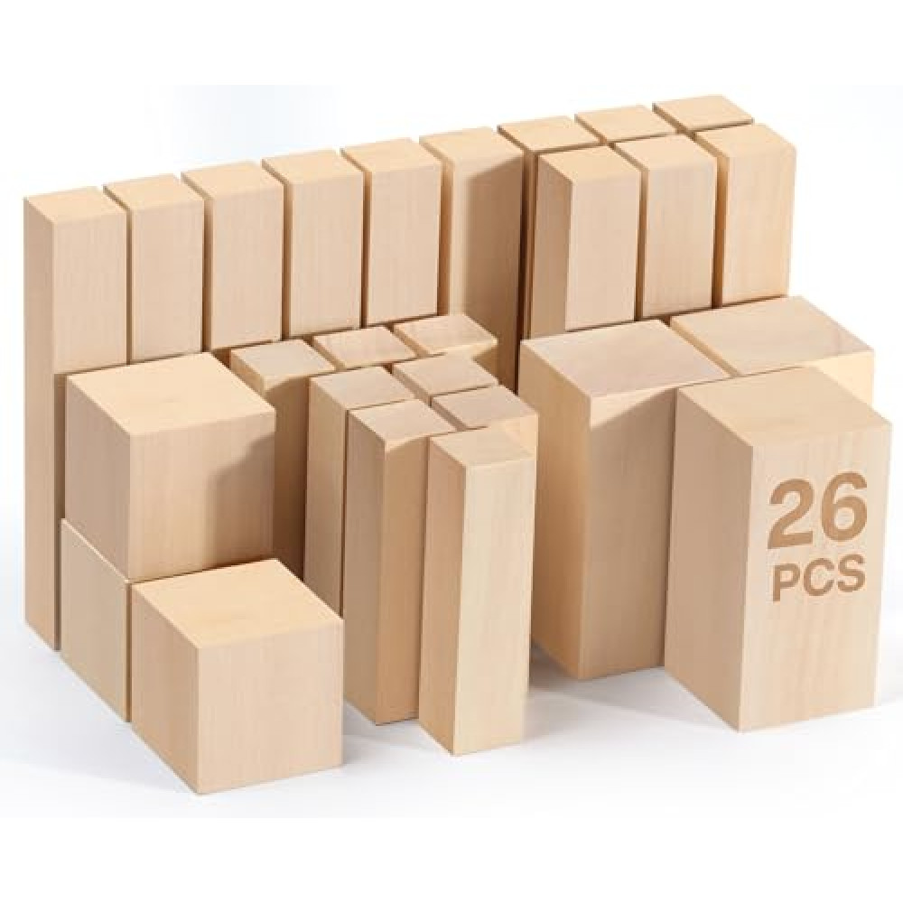 WEEKSUN 26PCS Basswood Carving Blocks, Whittling Wood Blocks, Wood Carving Kit with 4 Different Sizes, Easy to Use for Wood Carving and Wood Crafts, for Kids and Adults