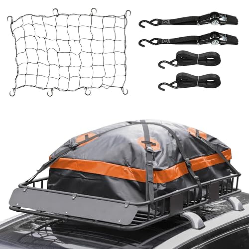 WEIZE 54" x 34" x 6" 200lb Heavy Duty Roof Rack Carrier Basket with Waterproof Bag, Cargo Net and Ratchet Straps, Universal Car Top Luggage Holder for SUV, Truck