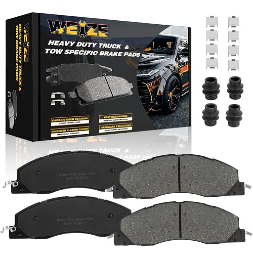 WEIZE Front Carbon Fiber Ceramic Brake Pads, Fits for Dodge Ram 2500/3500 Pickup 2011 2012 2013 2014 2015 2016 2017 2018, Truck and Tow Brake Pads Set with Hardware, D1399