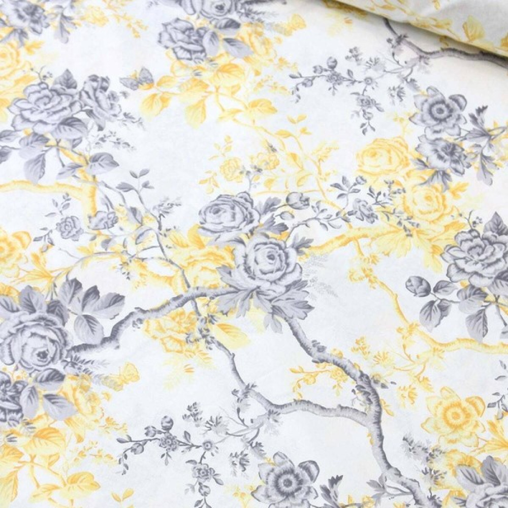 Wella Home Gri Sarı Sarmaşık Gül Nevresimlik Poplin Kumaş - 1 m Kumaşlar Fiyatı