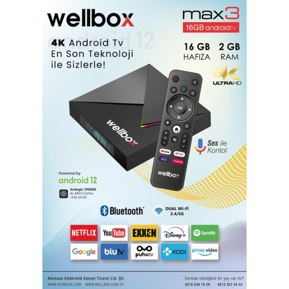 Wellbox Max3 Android TV Box Android 12 Sesli Komut 2gb Ram 16GB Hafıza Ev Sinema Receiverları Fiyatı