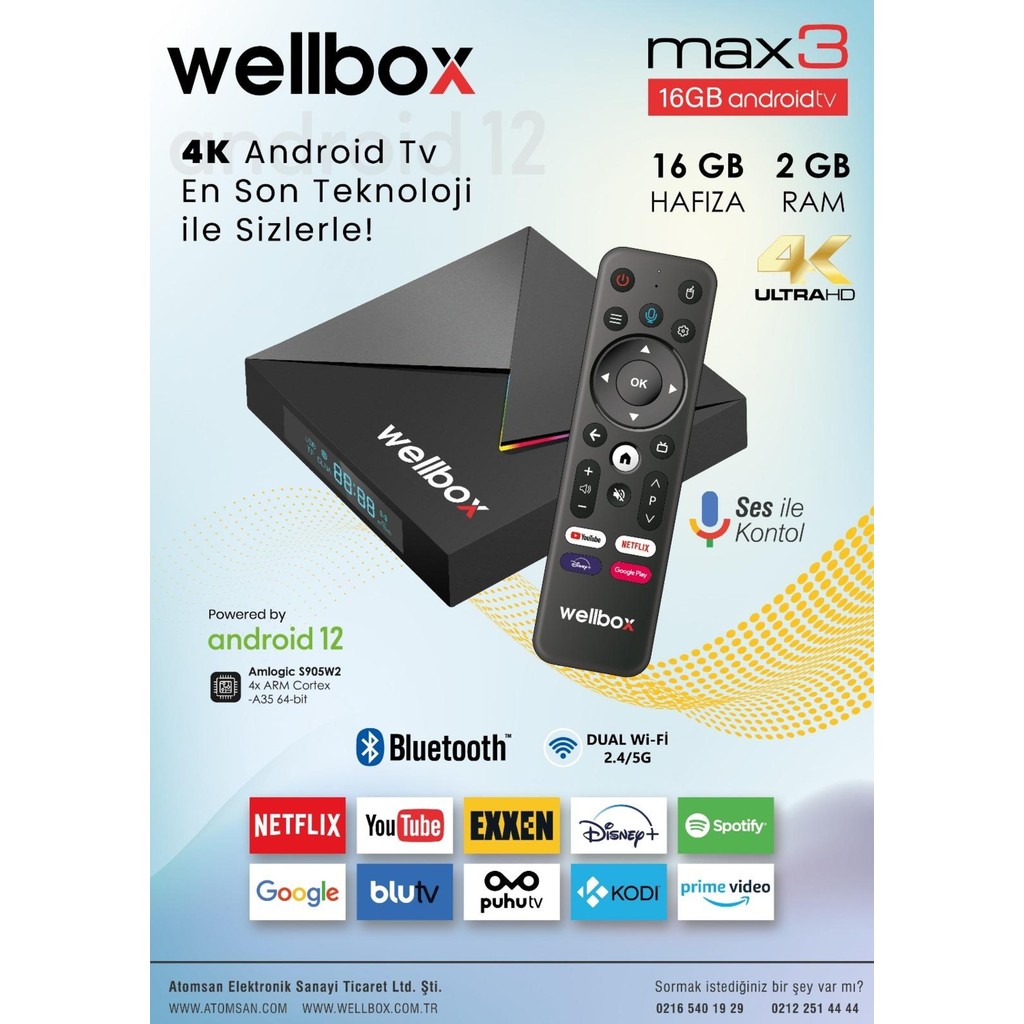 Wellbox Max3 Android TV Box Android 12 Sesli Komut 2gb Ram 16GB Hafıza ve Wi-Fi Desteği RAM Bellekler Fiyatı