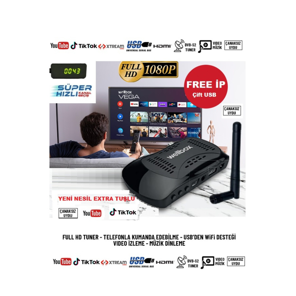 wellbox Wifi Anten Dahil Çanaklı Çanaksız 2024 Model Full Hd Uydu Alıcı Free Ip Tiktok Youtube Uydu Alıcıları Fiyatı