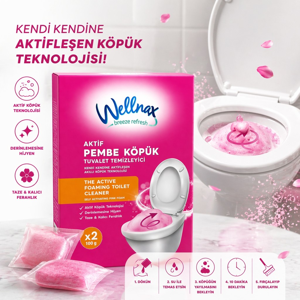 Wellnax Aktif Pembe Köpük Tuvalet Temizleyici 2X100 gr – Derinlemesine Hijyen, Kireç & Koku Giderici Köpük Deterjan ve Temizlik Ürünleri Fiyatı