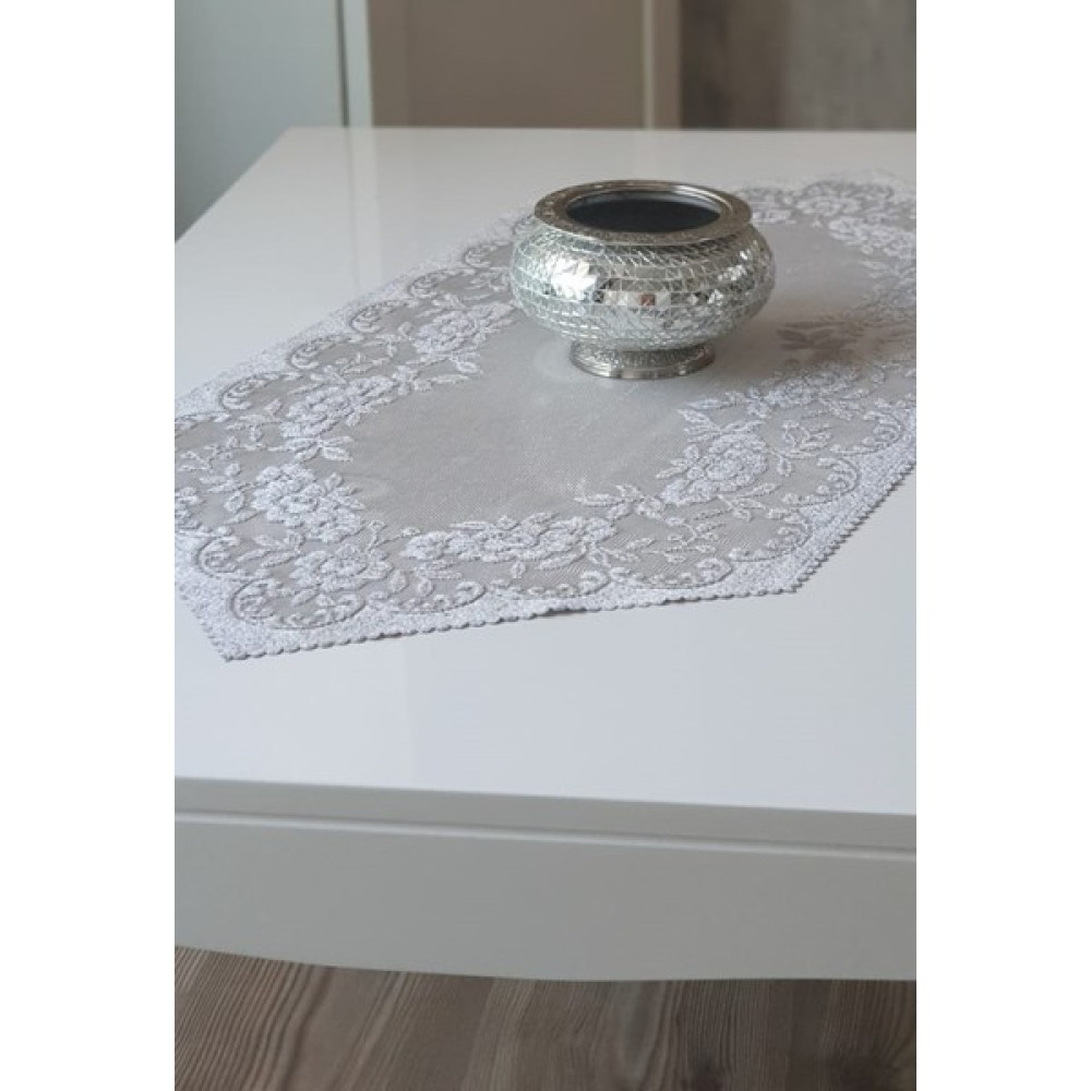 Wenessi Güllü Desene Örme Kısa Runner Örtüsü 40 x 90 cm Gri - Açık Gri Masa Örtüsü Fiyatı