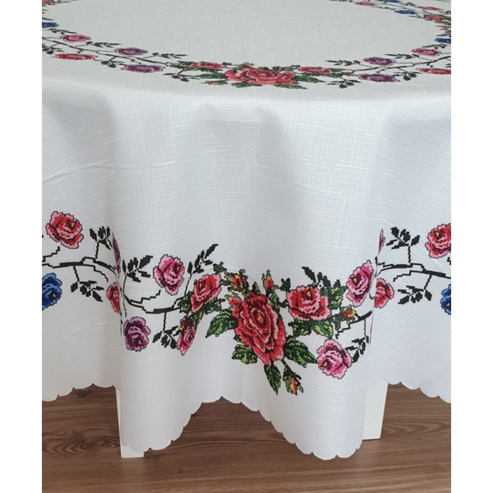 Wenessi Kanaviçe Baskılı Yuvarlak 150 cm Kumaş Masa Ortüsü - 150 x 150 cm - Gül Masa Örtüsü Fiyatı